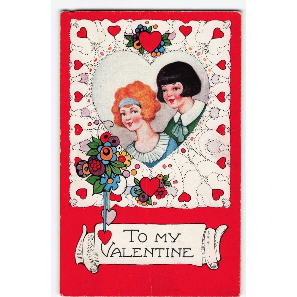 Valentine Postcard Whitney Made Flapper Women Bobbed Hair Worcester Mass VG